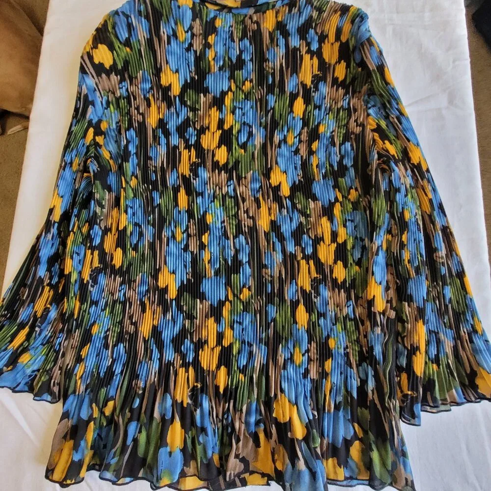 Blue Yellow Black Pleated Ruffled Womens Blouse Covington XL - Picture 2 of 10